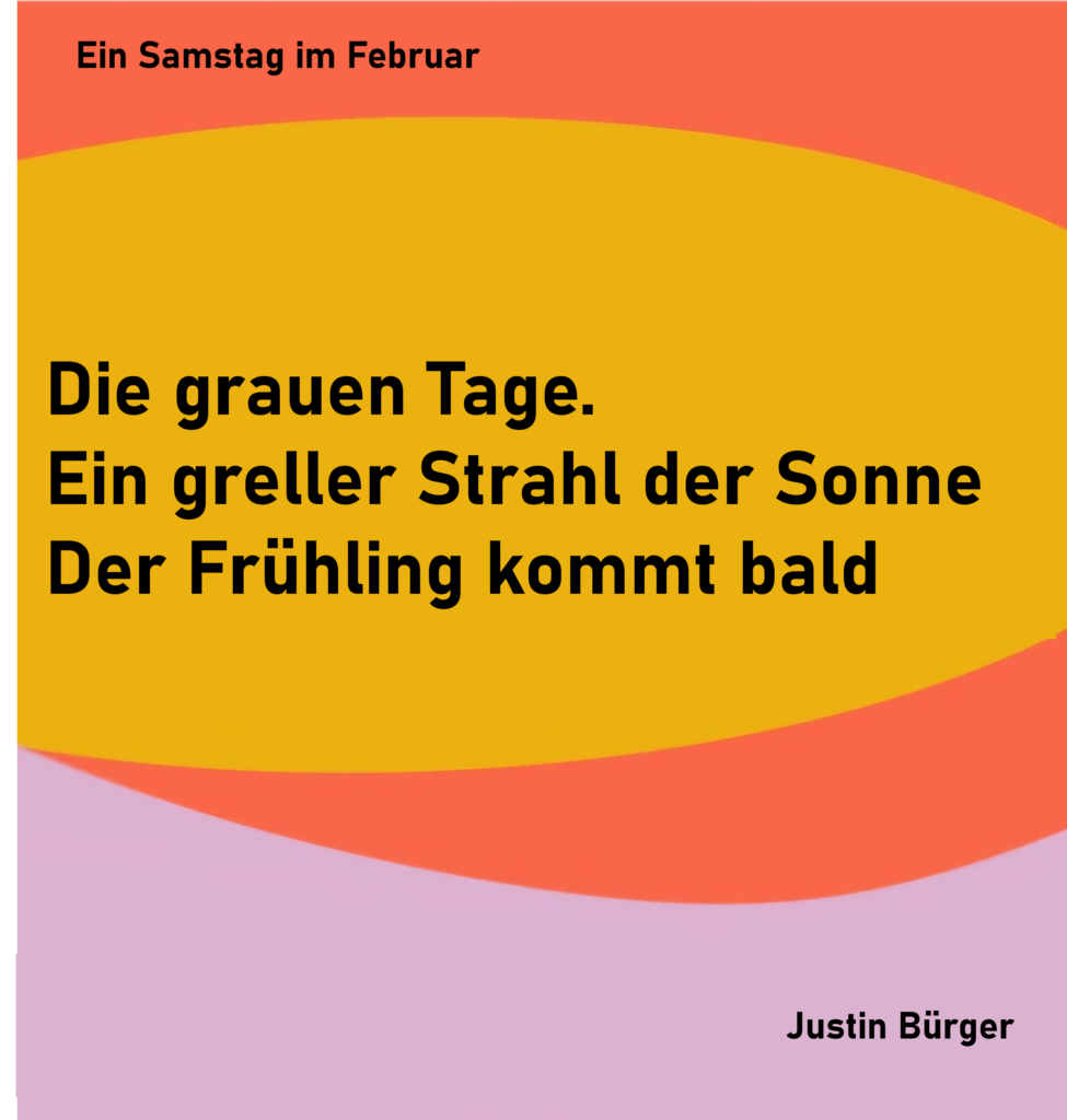 Ein Samstag im Februar - 3
Die grauen Tage.
Ein greller Strahl der Sonne
Der Frühling kommt bald
von Justin Bürger