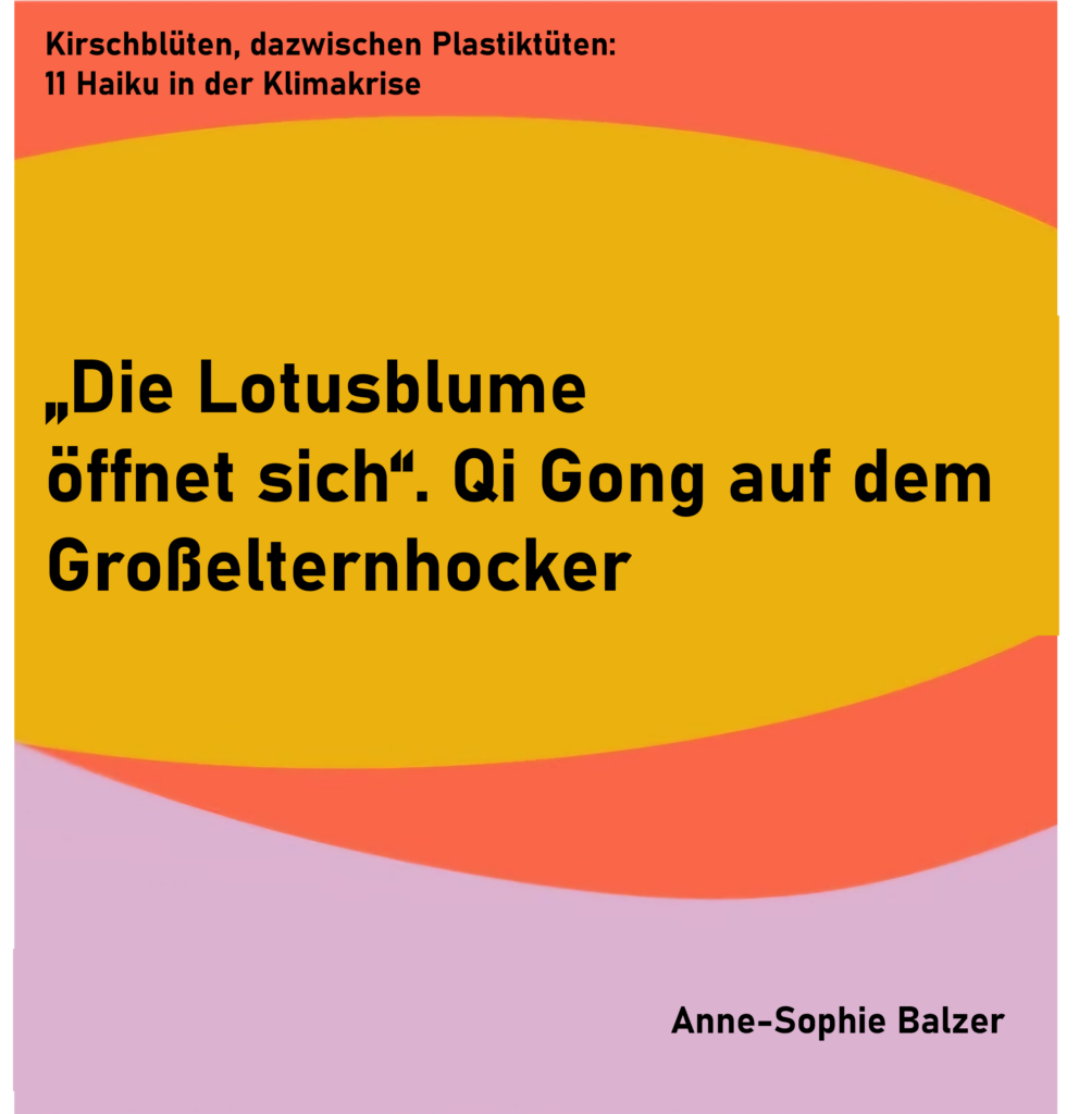 Kirschblüten, dazwischen Plastiktüten: 11 Haiku in der Klimakrise - Haiku 9
Die Lotusblume
öffnet sich. Qi Gong auf dem
Großelternhocker
von Anne-Sophie Balzer