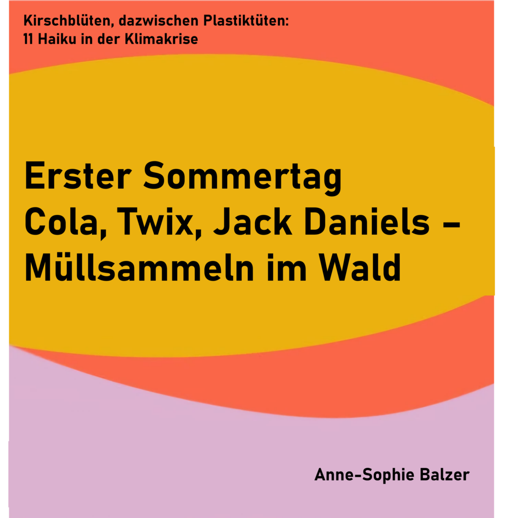 Kirschblüten, dazwischen Plastiktüten: 11 Haiku in der Klimakrise - Haiku 10
Erster Sommertag
Cola, Twix, Jack Daniels -
Müllsammeln im Wald
von Anne-Sophie Balzer