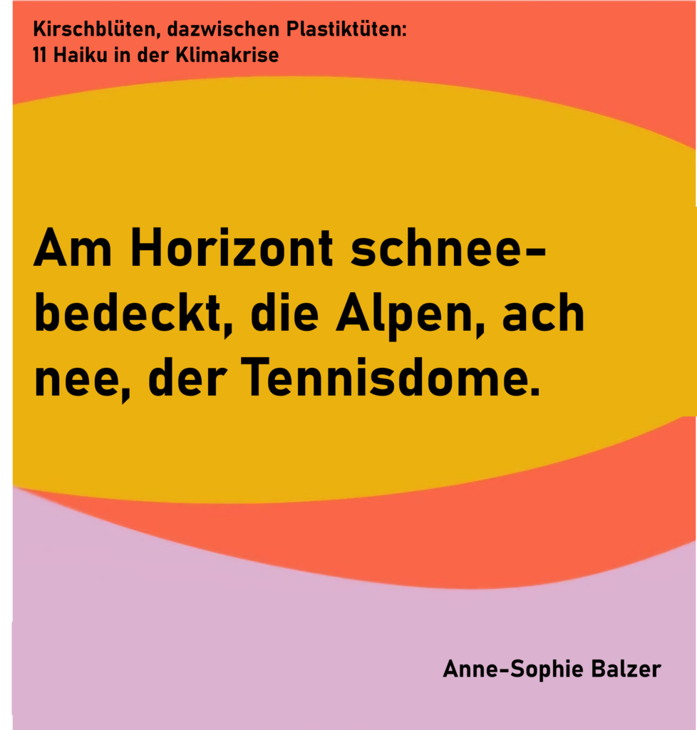 Kirschblüten, dazwischen Plastiktüten: 11 Haiku in der Klimakrise - Haiku 7
Am Horizont schnee-
bedeckt, die Alpen, ach
nee, der Tennisdome.
von Anne-Sophie Balzer
