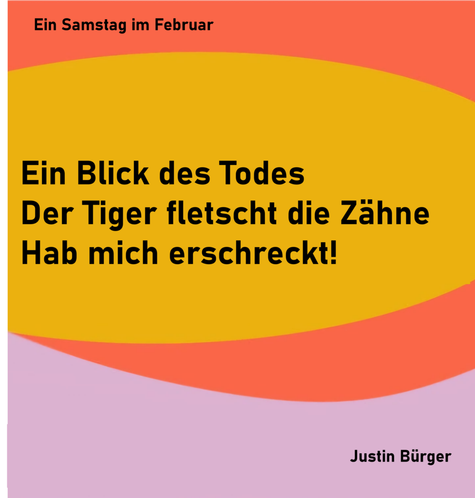 Ein Samstag im Februar 5
Ein Blick des Todes
Der Tiger fletscht die Zähne
Hab mich erschreckt!
von Justin Bürger